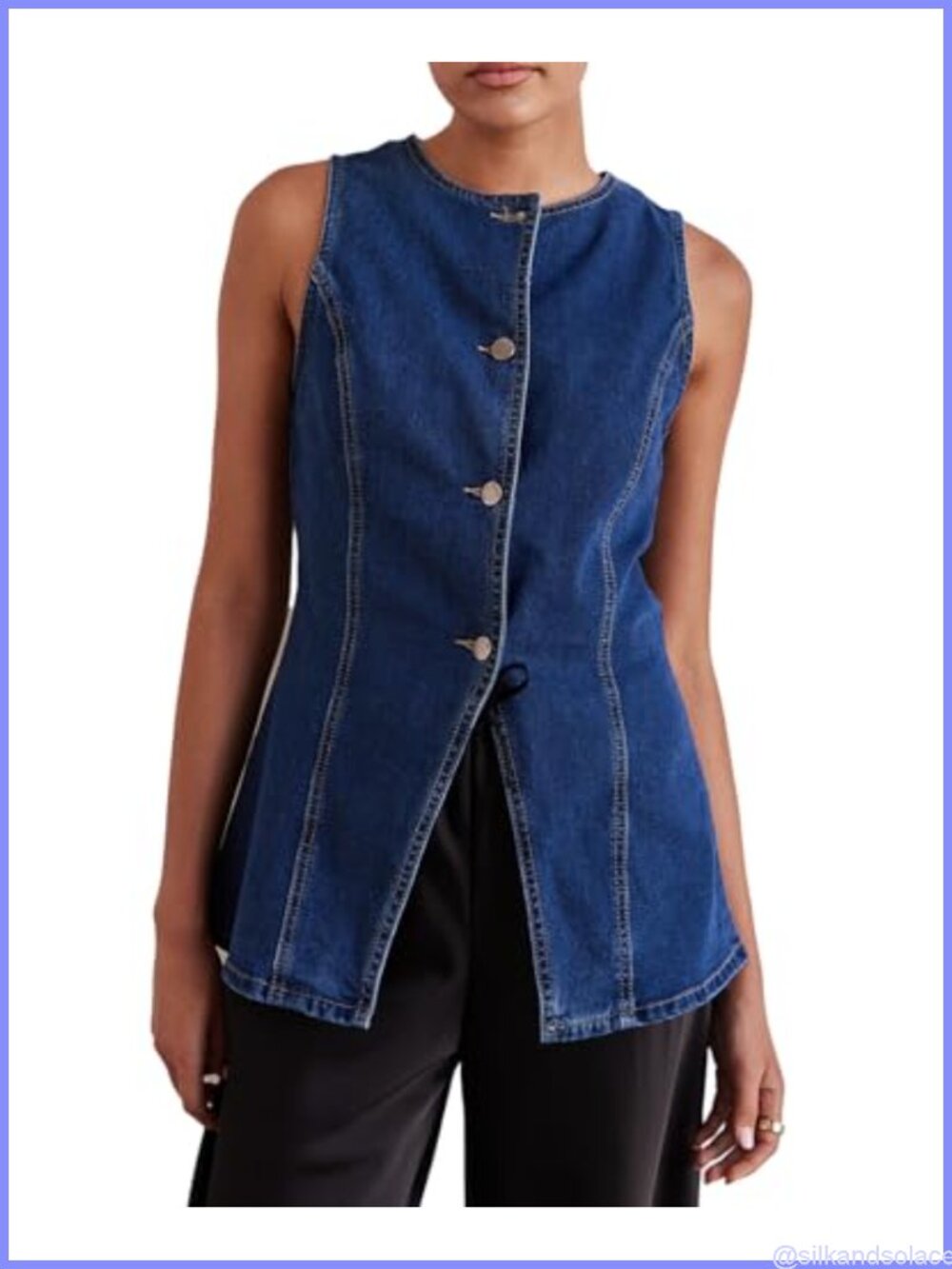 Women's Long Denim Vest Sleeveless Button-Up Jean Waistcoat Y2k Back Slit